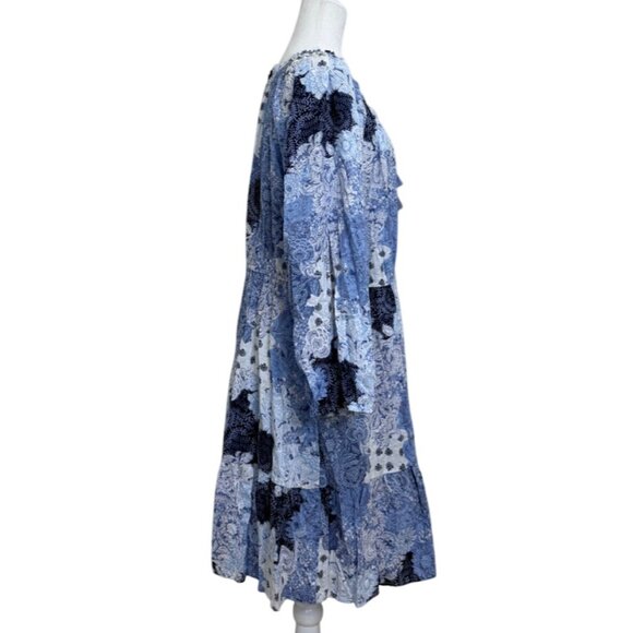Frye and Co Boho Off-Shoulder Dress Blue White Patchwork Festival Womens Size 1X - Picture 3 of 7